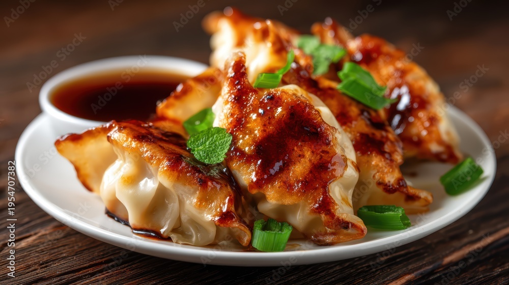 Fototapeta premium Steamed dumplings arranged artfully on a white plate, drizzled with rich soy sauce, offering a delightful glimpse into Asian cuisine and culinary experiences.