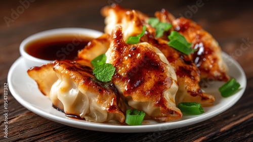 Steamed dumplings arranged artfully on a white plate, drizzled with rich soy sauce, offering a delightful glimpse into Asian cuisine and culinary experiences.