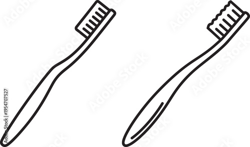 Two minimalist line art toothbrushes, showing bristles and handles, representing dental hygiene, oral care, and clean teeth, Personal Care
