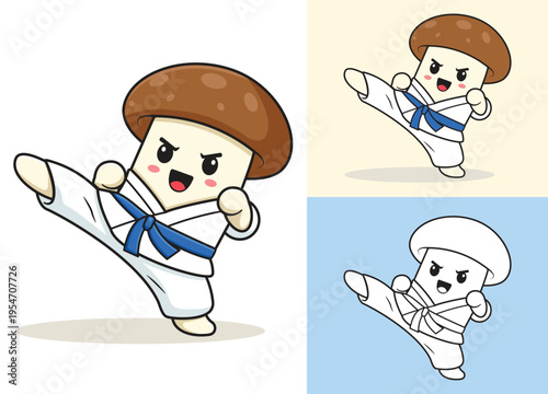 Vector illustration of Cute cartoon Mushroom Karate. Happy cartoon vegetable character in flat style. Vegetable sport mascot, showing healthy lifestyle, fitness, wellnes, kids illustration.