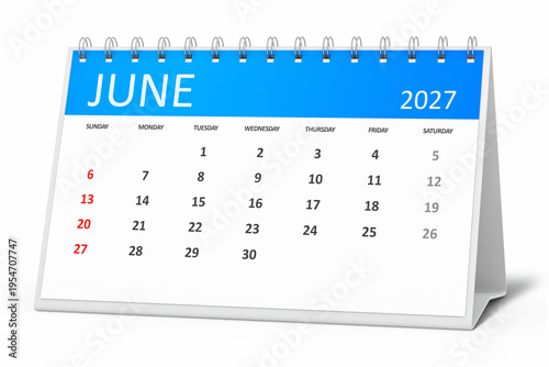 table calendar 2027 june isolated on transparent background