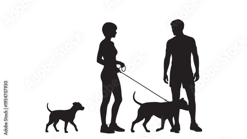 Silhouettes of a woman and man walking their dogs on leashes, representing companionship and outdoor activity.