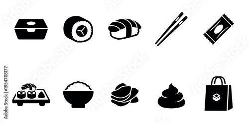 A collection of minimalist black icons on a white background features sushi, rice, chopsticks, and a shopping bag, perfect for culinary or delivery services.