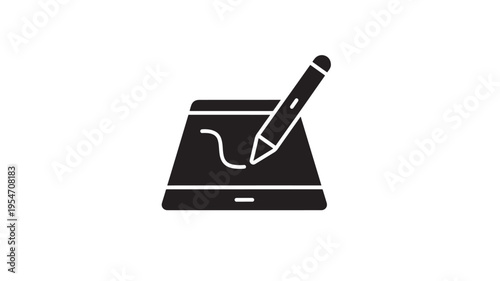 Stylus drawing on tablet icon with a simple line illustrating the creative process on a digital surface.