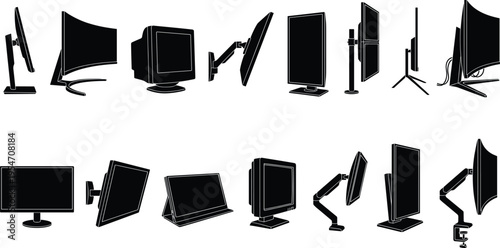 Flat vector illustration of computer monitor silhouettes, ergonomic setups, curved screens, dual display mounts, adjustable arms, modern digital workspace