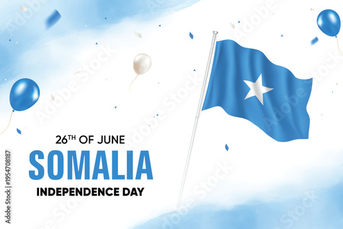 Somalia Independence Day. Somalia Flag Waving With Floating Balloons On Watercolor Grunge Backgorund Design Vector Illustration.
