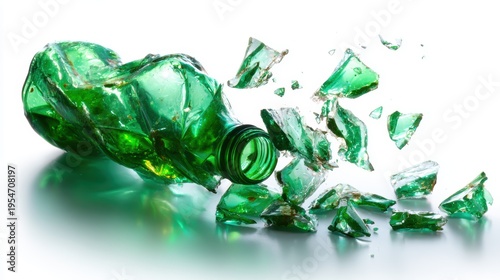 A close-up view of a crumpled green bottle with shards scattered around, showcasing the concept of waste and environmental impact through a shattered lens.