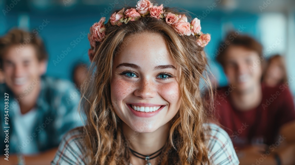 Fototapeta premium A cheerful girl adorned with a flower crown radiates joy and youthfulness, sitting among friends in a relaxed setting filled with vibrant colors and laughter.
