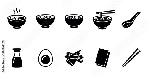 A collection of simple black and white icons representing Japanese ramen ingredients and dining utensils, ideal for culinary or cultural themes.