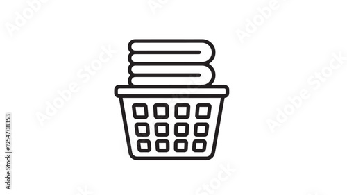 Laundry basket icon with folded clothes stack, representing clean linen or household chore, simple vector graphic.
