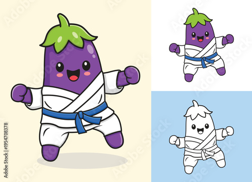 Vector illustration of Cute cartoon Eggplant Karate. Happy cartoon vegetable character in flat style. Vegetable sport mascot, showing healthy lifestyle, fitness, wellnes, kids illustration.