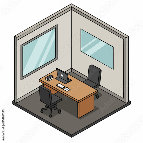 Isometric Detailed Office Room Workspace Interior with Furniture and Equipment Illustration
