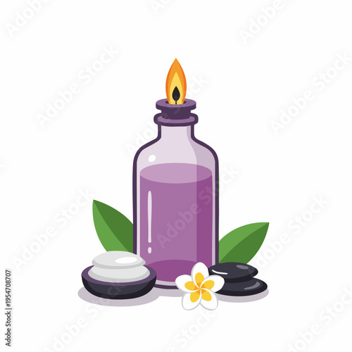 Flat Style Detailed Massage Oil Bottle with Flower and Stone Spa