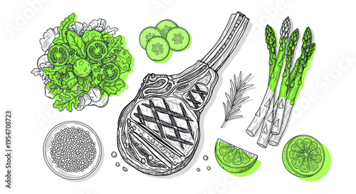 Grilled Lamb Chop with Asparagus, Salad, Cucumber, and Lime - Hand-Drawn Sketch
