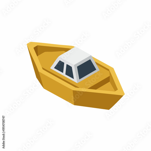 Flat Isometric Yellow Boat with White Cabin Transportation Icon