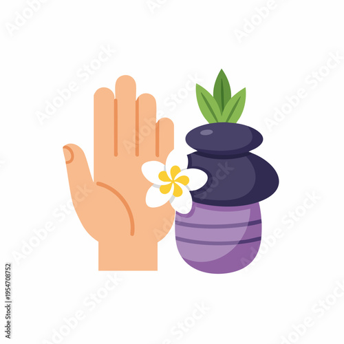 Flat Illustration Hand with Spa Stone Stack and Flower for Relaxation
