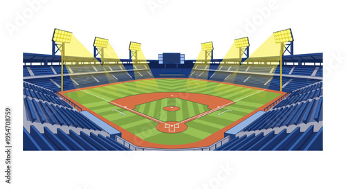 Baseball Stadium with Lights and Green Field - Wide Angle View