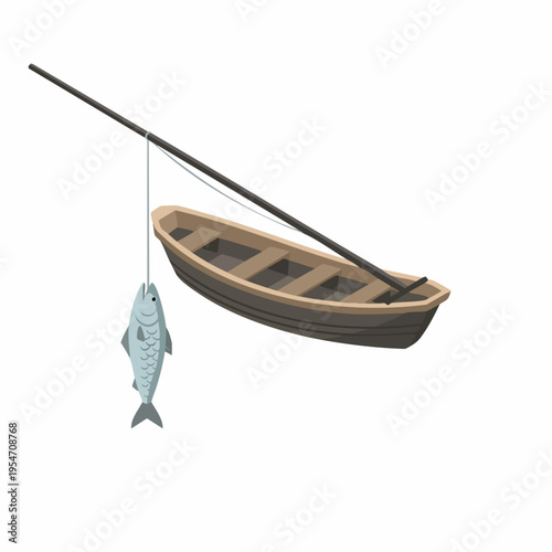 Simple Realistic Wooden Fishing Boat with Fish and Rod Illustration