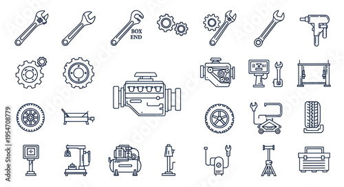 Car Repair and Maintenance Icons: Tools, Engine, Garage Equipment