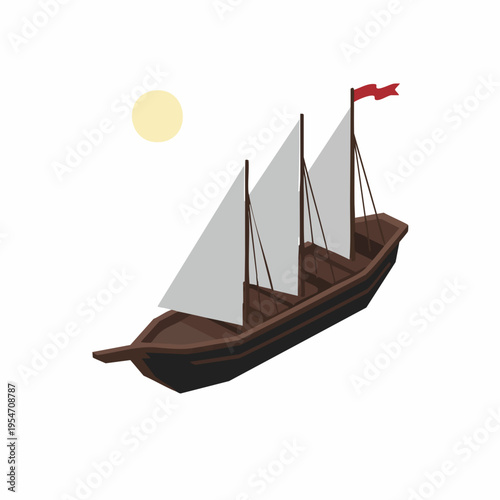 Isometric Wooden Three-Masted Sailing Ship on the Sea Illustration