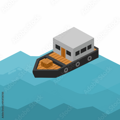 Isometric Simple Tugboat on Blue Sea Waves Illustration