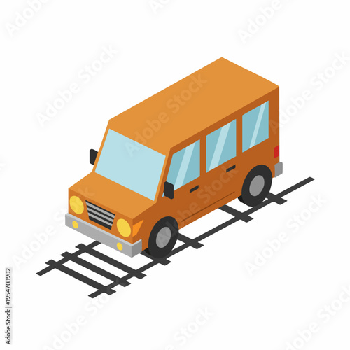 Isometric Detailed Delivery Van on Railroad Track Transportation Illustration