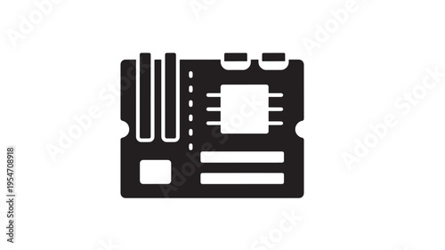 Motherboard icon with square chip and RAM slots, representing computer hardware and technology featuring circuit board, electronic, component with