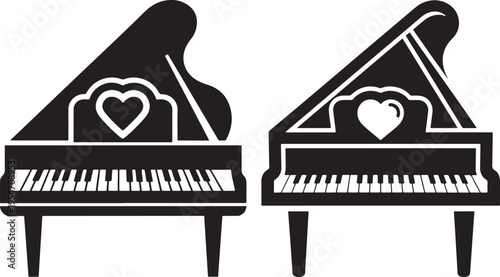 Grand piano icons with heart detail, minimalist black and white vector graphic for music, love, romance, or classical music themes, Line Art