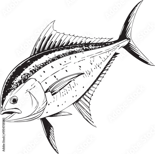 Detailed illustration of a tuna fish with prominent fins and scales