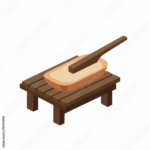 Isometric Wooden Traditional Table with Dough and Rolling Pin Illustration