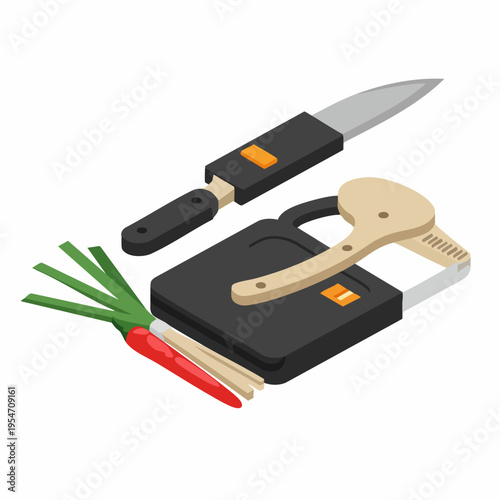 Isometric Delicious Food Preparation Utensils and Vegetables Illustration