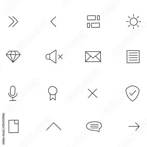 Hand-drawn doodle set of basic ux ui icons on a white background.