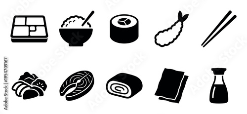 A clean, modern collection of black Japanese food icons on a white background, including sushi, rice, tempura, and soy sauce, perfect for menus or websites.
