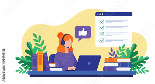 Vector illustration of a woman in a headset successfully completing tasks and achieving goals on her laptop.