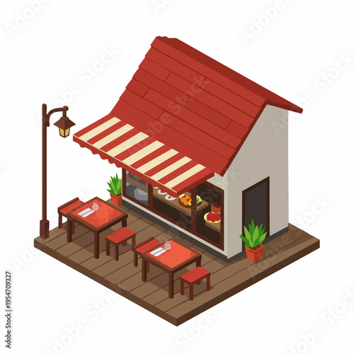 Isometric Pixelart Detail Shop Building with Awning Tables and Streetlamp