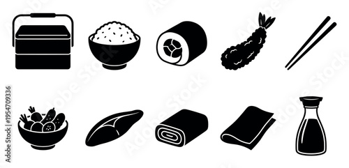 A collection of black silhouette icons representing various Japanese food elements, including a bento box, rice, sushi, tempura shrimp, chopsticks, pickled vegetables, fish, nori, and soy sauce.
