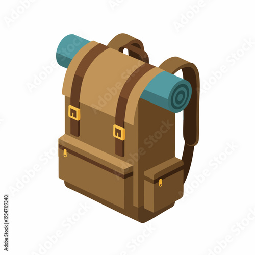 Isometric Detailed Backpack Equipment For Camping Adventure Travel Icon Illustration