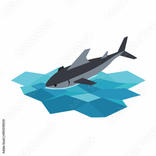 Geometric Style Detail Shark Swimming in the Ocean with Waves Illustration