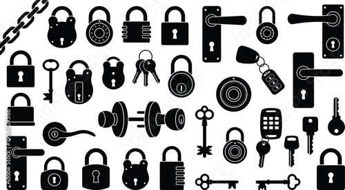 Flat vector illustration of locks and keys collection with padlocks, keyholes, chains, security devices, access control, protection, silhouette icons