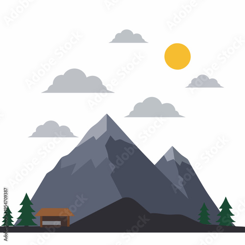 Flat Simple Mountain Landscape with Cabin and Sky Element Illustration