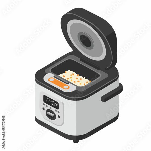 Isometric Detailed Rice Cooker Kitchen Appliance with Opened Lid