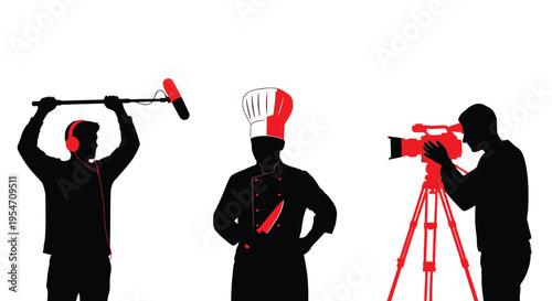 Vector graphic illustration of a film crew recording a professional chef holding a sharp kitchen knife