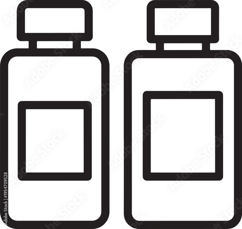 Two bottles with square labels, simple line art icons representing containers, products, or medicine, Serial Number