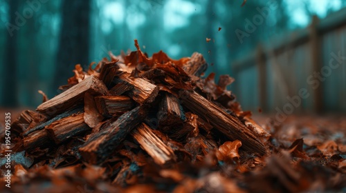 A rustic woodpile nestled among scattered autumn leaves creates a cozy atmosphere in the forest, symbolizing preparation for warmth and a connection to nature's cycles.
