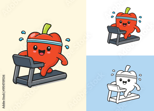 Vector illustration of Cute cartoon Paprika Treadmill. Happy cartoon vegetable character in flat style, showing healthy lifestyle, fitness, wellnes, kids illustration, and mascot design.