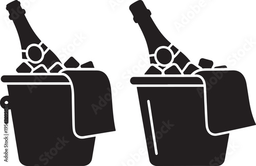 Two champagne bottles in ice buckets with towels, black silhouette icons symbolizing celebration, luxury, and parties, Ice Bucket