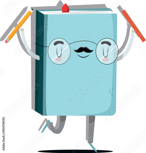 “Cute cartoon book character holding pencils, happy reading and learning concept, education and school illustration, playful vector design”