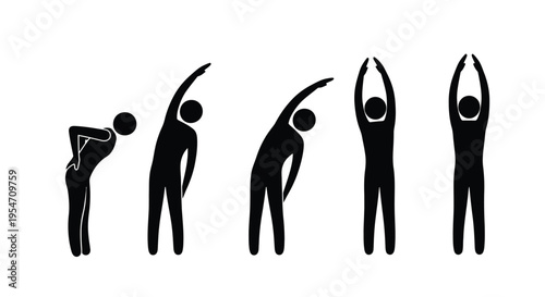 Vector graphic illustration of stick figures demonstrating a sequence of stretching and warm-up exercises.