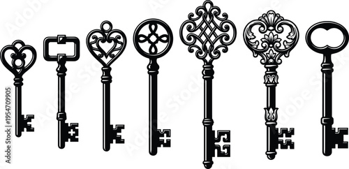 Flat vector illustration of ornate vintage keys collection with heart shapes, filigree designs, antique silhouettes, mystery, unlocking secrets, access