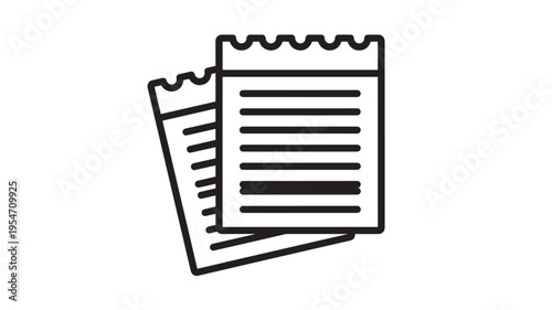 Notebook paper icon with horizontal lines and serrated top edge, representing writing or notes. featuring document, page, list with stationery and